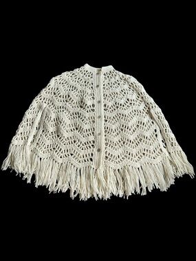 Vintage 1970s Ivory Handmade Crocheted Poncho Fringe Cottagecore Fisherman Boho